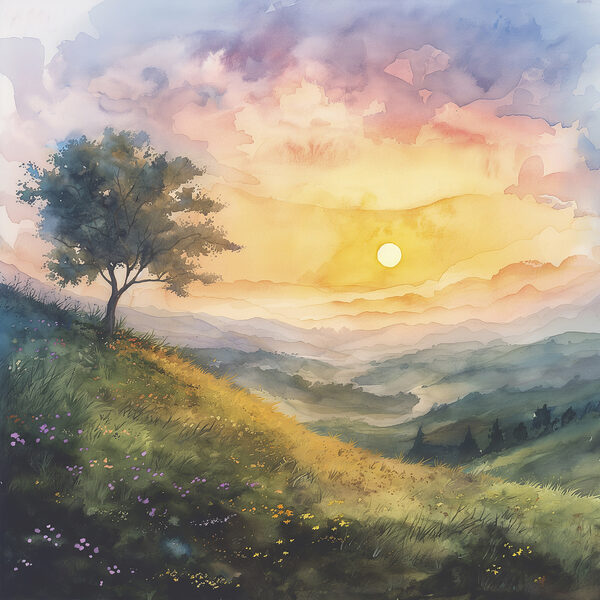 Gemälde einer Landschaft mit einem Baum und Blumen Gemälde einer Landschaft mit einem Baum und Blumen