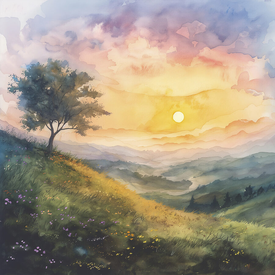 Gemälde einer Landschaft mit einem Baum und Blumen Gemälde einer Landschaft mit einem Baum und Blumen