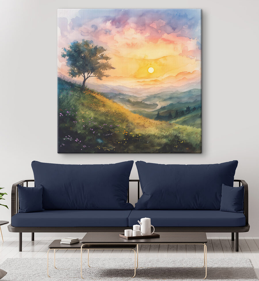 Gemälde einer Landschaft mit einem Baum und Blumen Gemälde einer Landschaft mit einem Baum und Blumen
