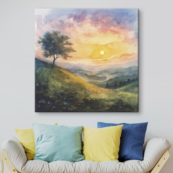 Gemälde einer Landschaft mit einem Baum und Blumen Gemälde einer Landschaft mit einem Baum und Blumen