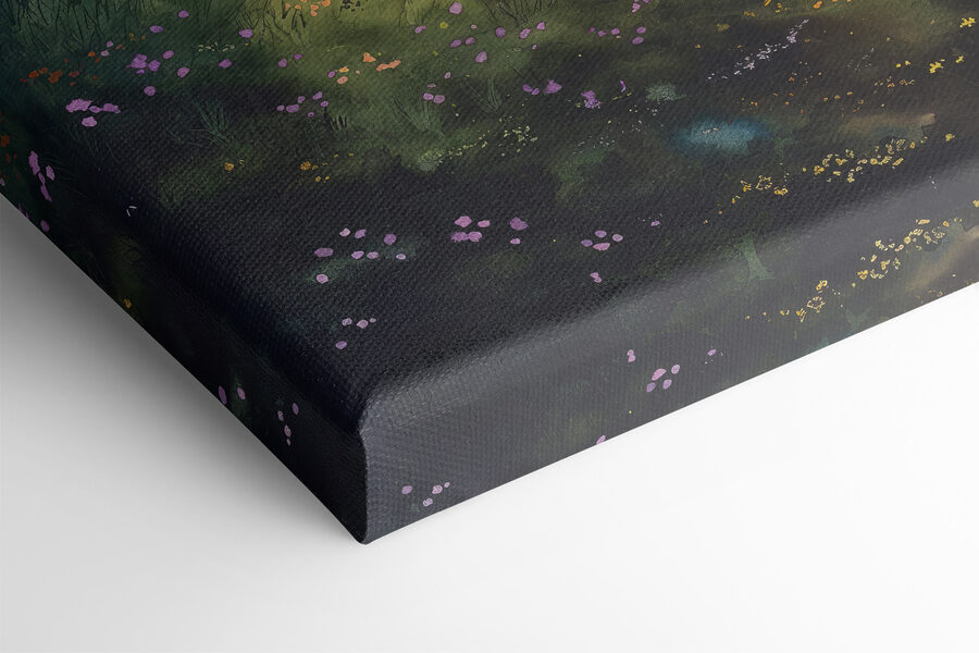 Gemälde einer Landschaft mit einem Baum und Blumen Gemälde einer Landschaft mit einem Baum und Blumen