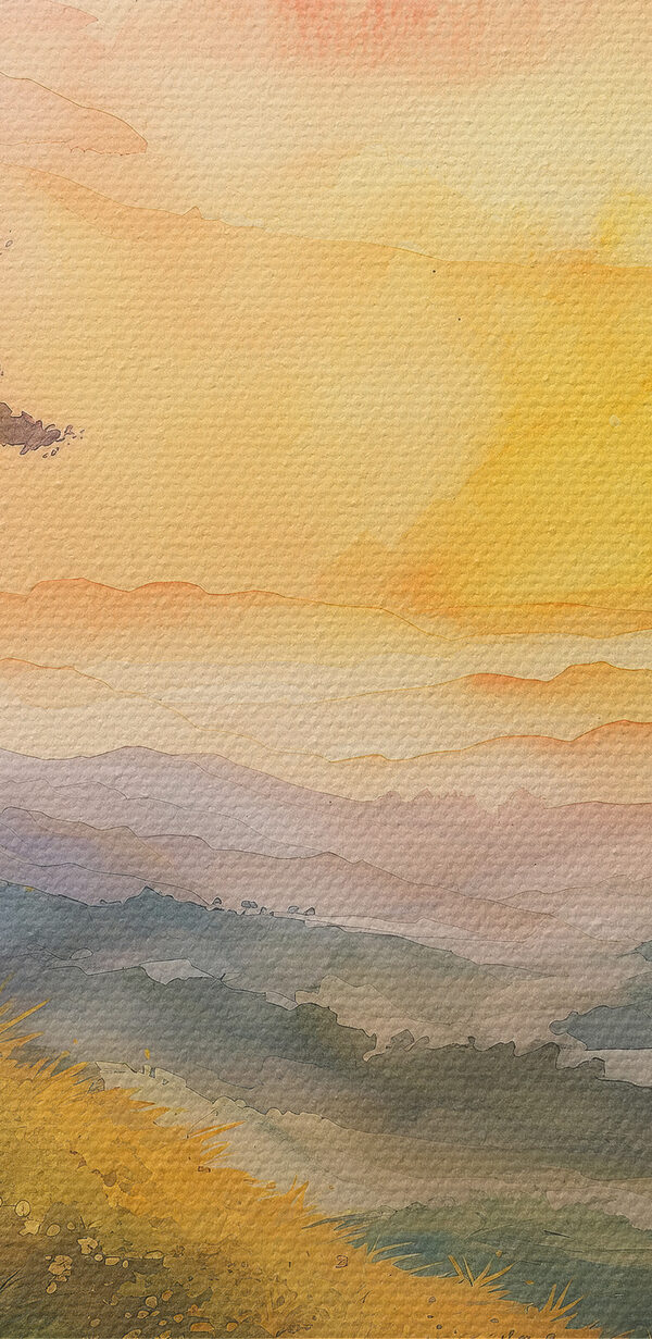 Gemälde einer Landschaft mit einem Baum und Blumen Gemälde einer Landschaft mit einem Baum und Blumen