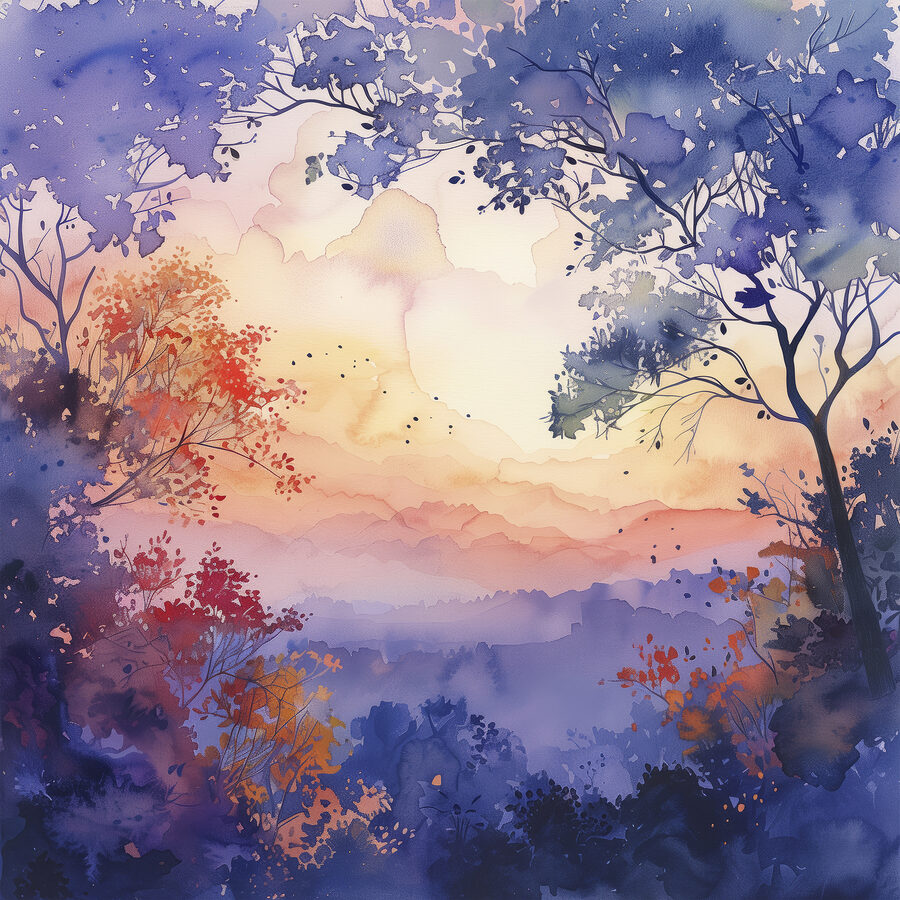 Aquarell von Bäumen und einem Sonnenuntergang