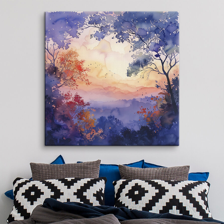 Aquarell von Bäumen und einem Sonnenuntergang