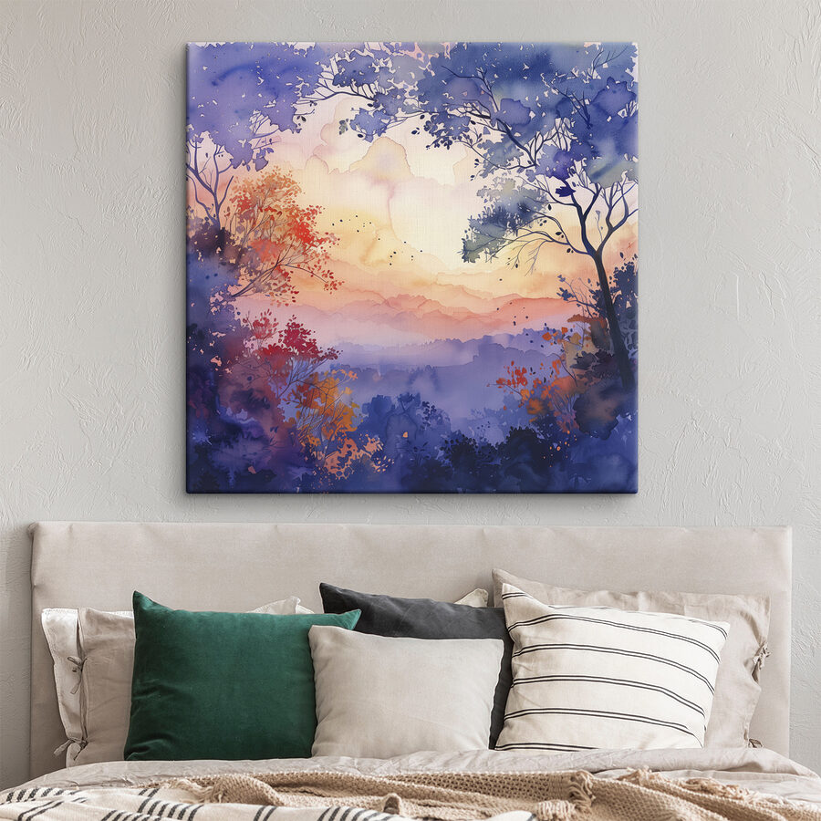 Aquarell von Bäumen und einem Sonnenuntergang