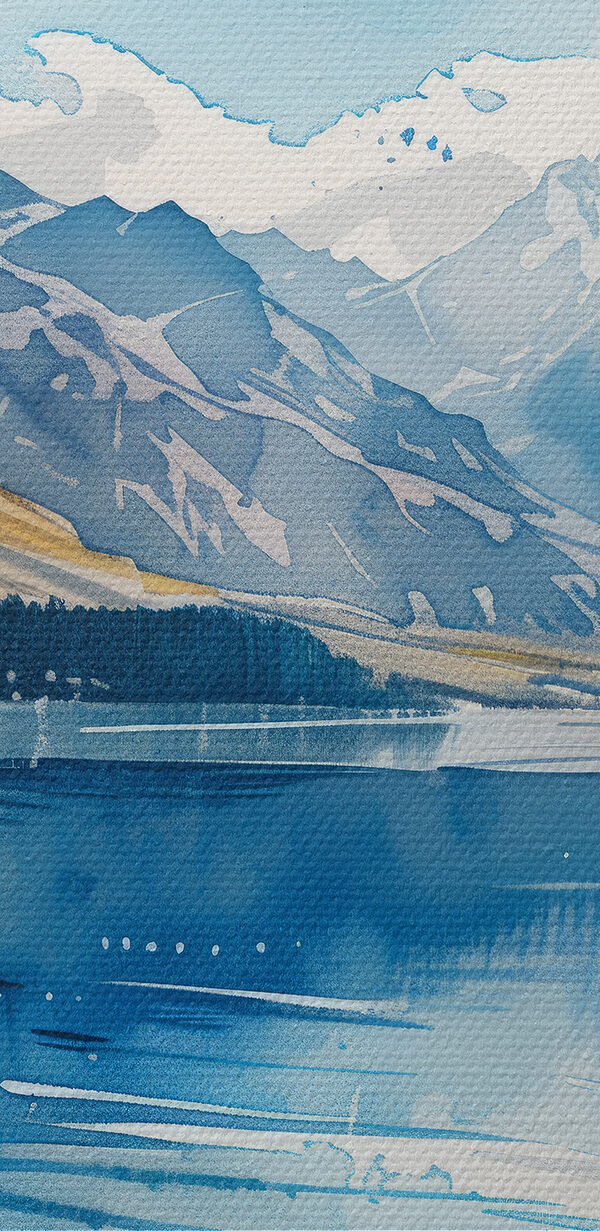 Watercolor painting of a lake surrounded by mountains and clouds