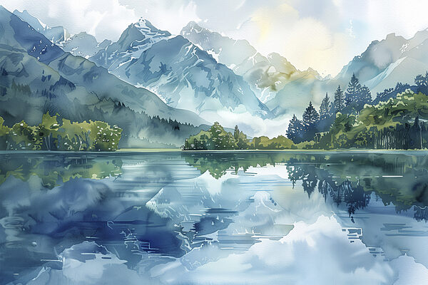 Wasserbild eines Sees mit Bäumen und Bergen im Hintergrund Wasserbild eines Sees mit Bäumen und Bergen im Hintergrund