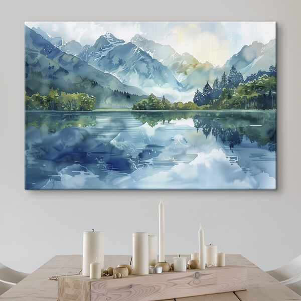 Wasserbild eines Sees mit Bäumen und Bergen im Hintergrund Wasserbild eines Sees mit Bäumen und Bergen im Hintergrund