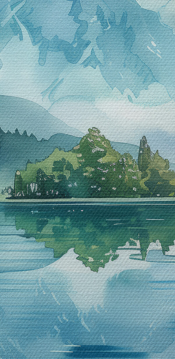 Wasserbild eines Sees mit Bäumen und Bergen im Hintergrund Wasserbild eines Sees mit Bäumen und Bergen im Hintergrund