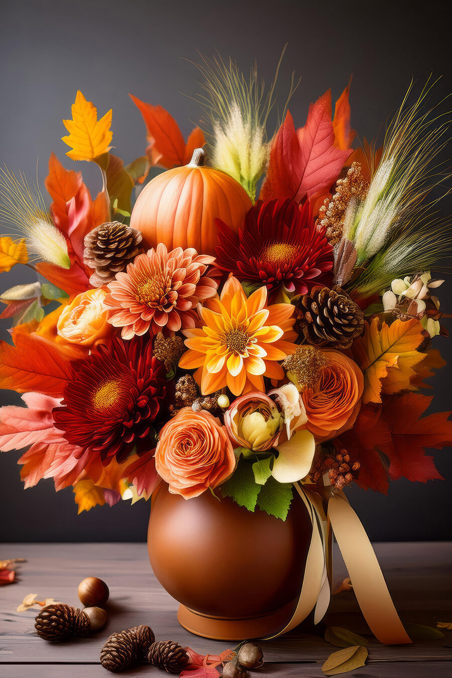 Vase mit Blumen und Kürbissen Vase mit Blumen und Kürbissen