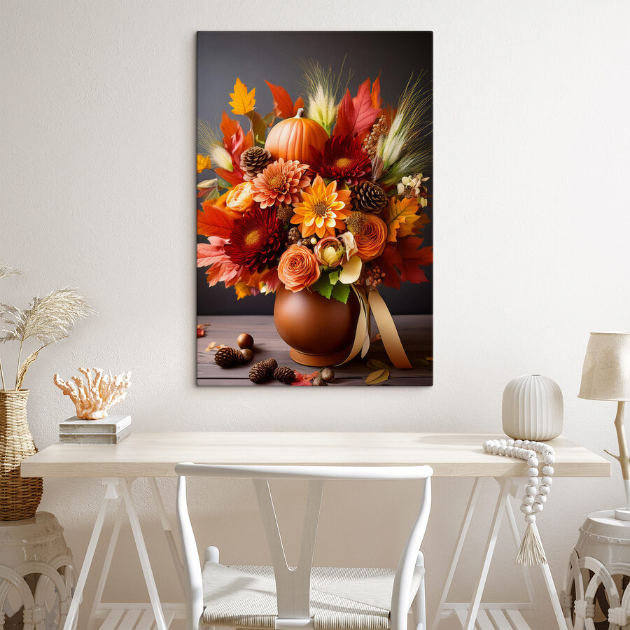 Vase mit Blumen und Kürbissen Vase mit Blumen und Kürbissen