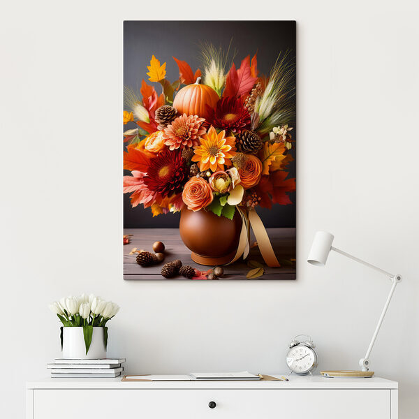 Vase mit Blumen und Kürbissen Vase mit Blumen und Kürbissen