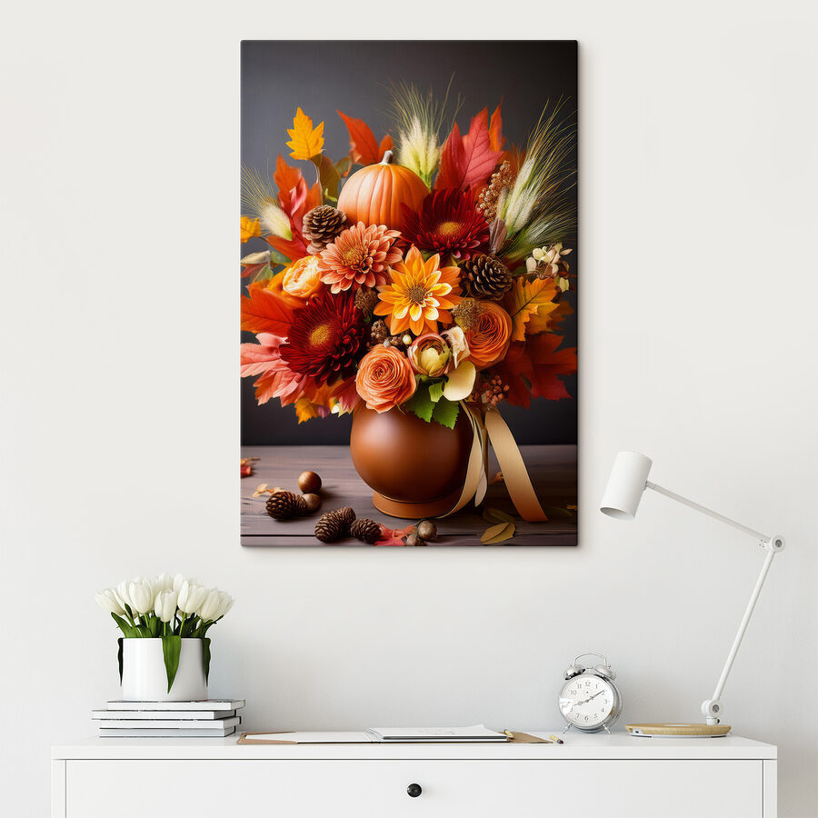 Vase mit Blumen und Kürbissen Vase mit Blumen und Kürbissen