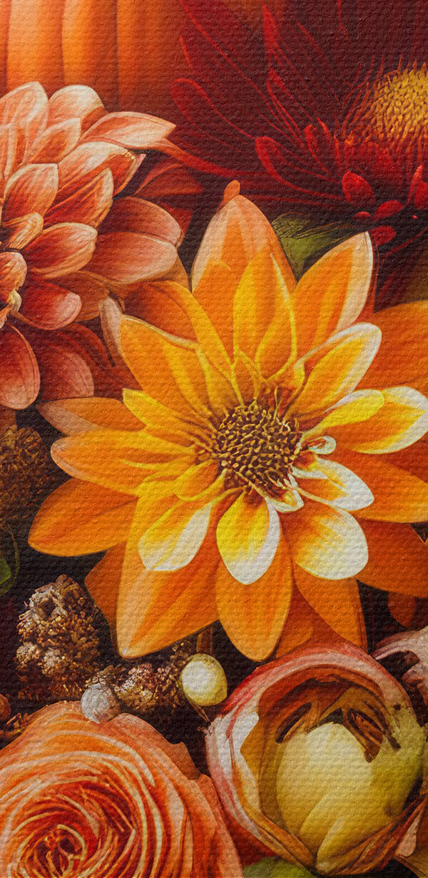 Vase mit Blumen und Kürbissen Vase mit Blumen und Kürbissen