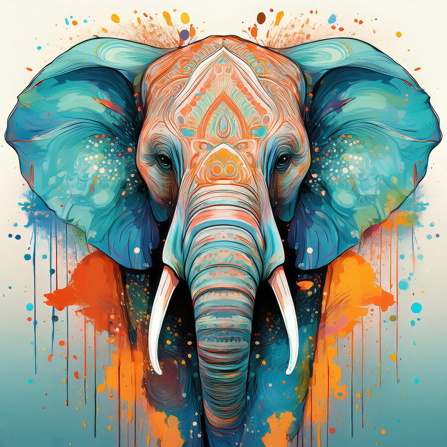 Ein Elefant mit bunten Farbspritzern