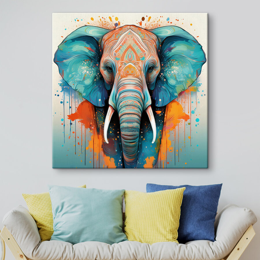 Ein Elefant mit bunten Farbspritzern