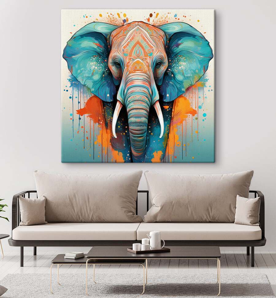 Ein Elefant mit bunten Farbspritzern