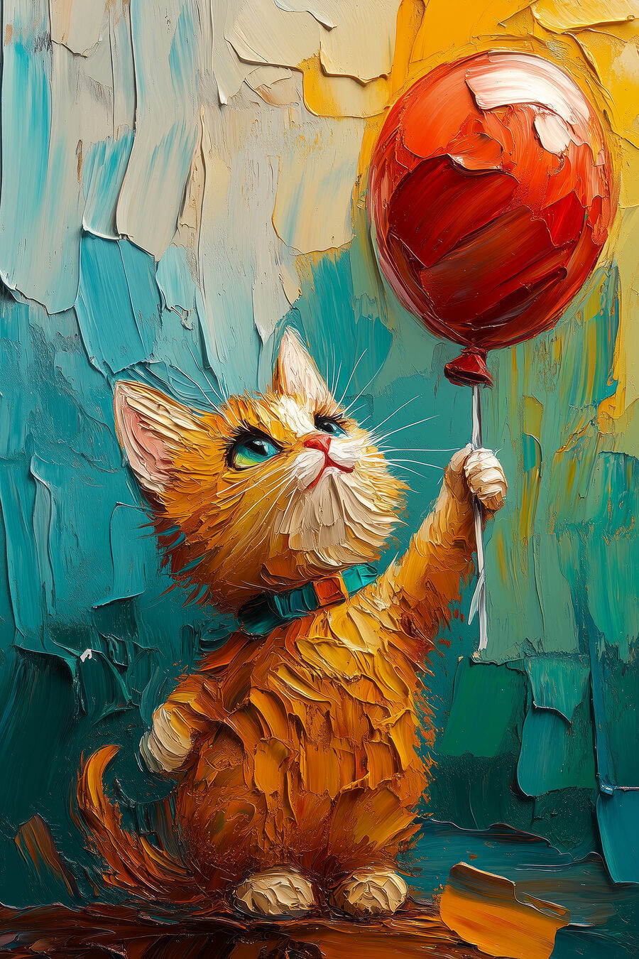 Gemälde einer Katze, die einen Luftballon hält
