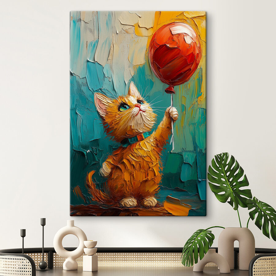 Gemälde einer Katze, die einen Luftballon hält