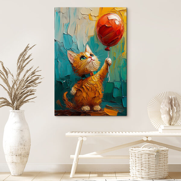 Gemälde einer Katze, die einen Luftballon hält Gemälde einer Katze, die einen Luftballon hält