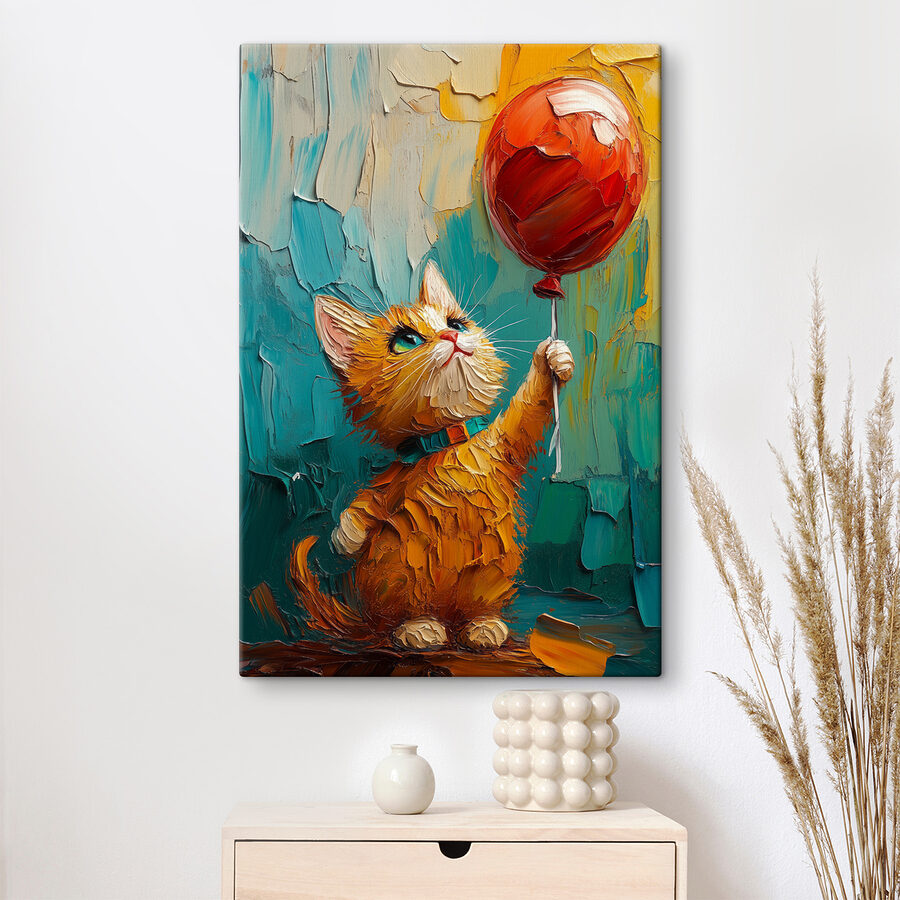 Gemälde einer Katze, die einen Luftballon hält