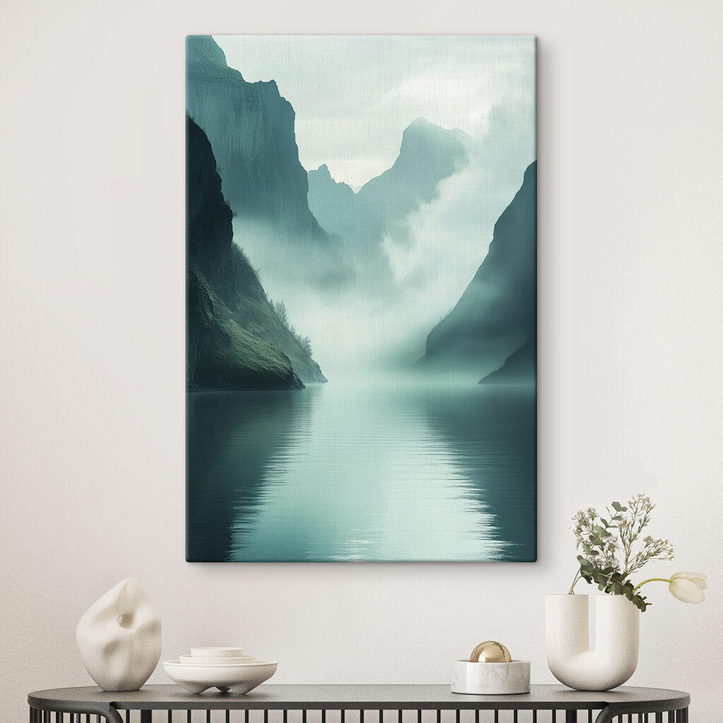 Body of water with mountains and fog