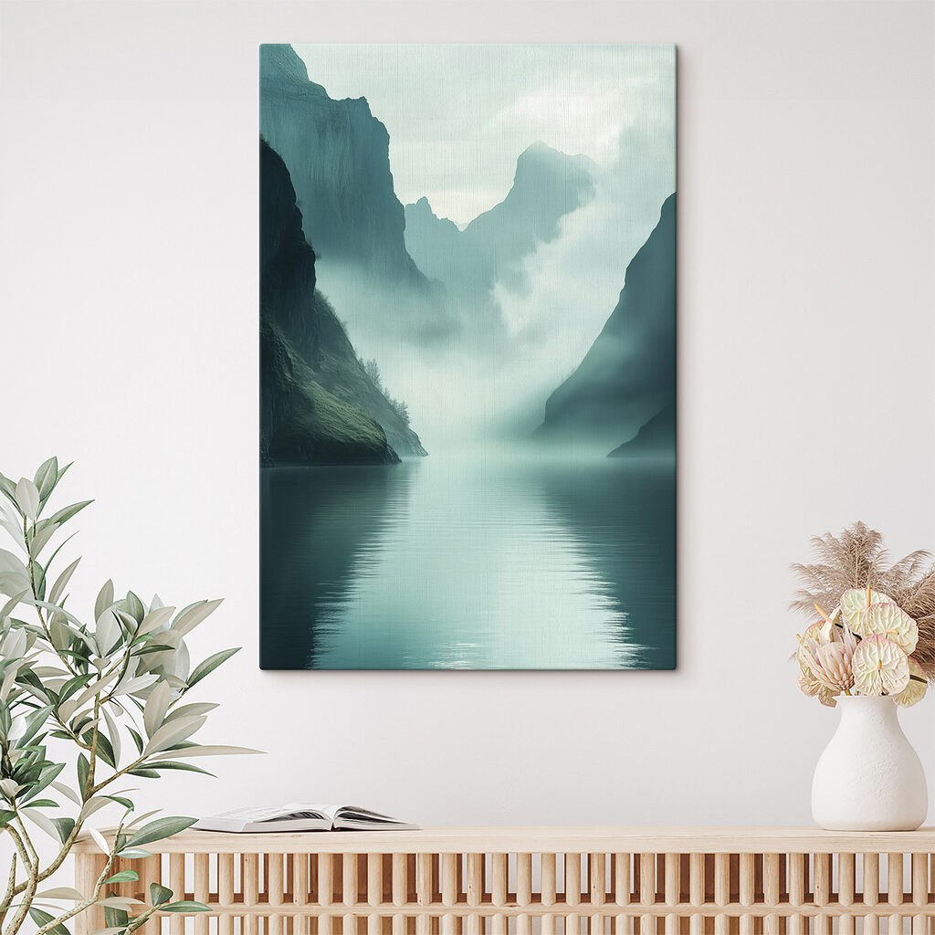 Body of water with mountains and fog
