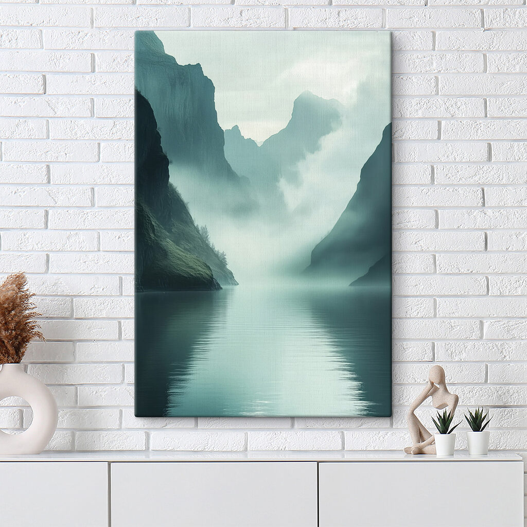 Body of water with mountains and fog