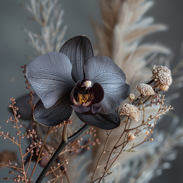 Schwarze Blume mit weißen Blüten Schwarze Blume mit weißen Blüten