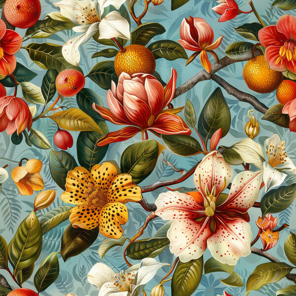 Florales Muster mit Orangen und Blumen Florales Muster mit Orangen und Blumen