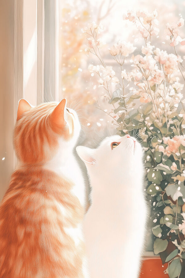 Zwei Katzen schauen aus einem Fenster Zwei Katzen schauen aus einem Fenster