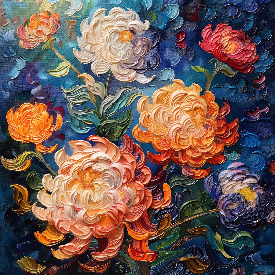 Gemälde mit Blumen auf blauem Hintergrund Gemälde mit Blumen auf blauem Hintergrund