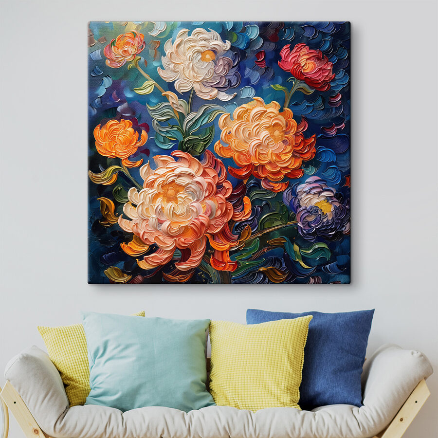 Gemälde mit Blumen auf blauem Hintergrund Gemälde mit Blumen auf blauem Hintergrund