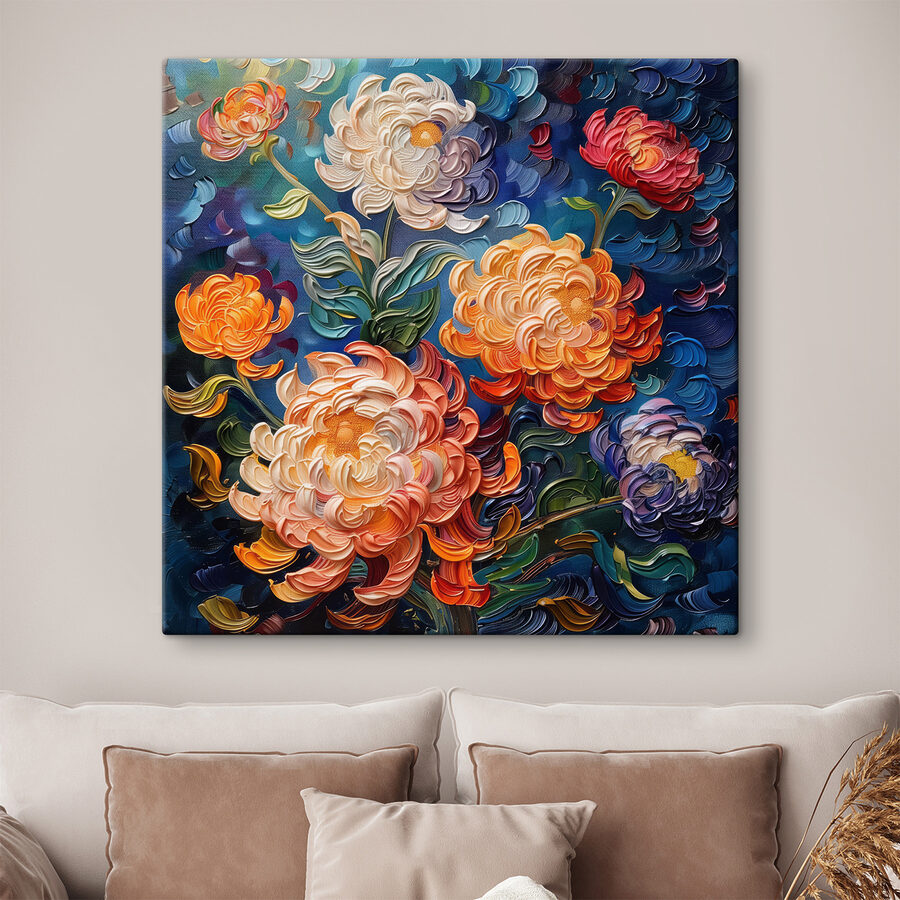 Gemälde mit Blumen auf blauem Hintergrund Gemälde mit Blumen auf blauem Hintergrund