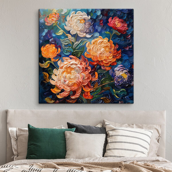 Gemälde mit Blumen auf blauem Hintergrund Gemälde mit Blumen auf blauem Hintergrund