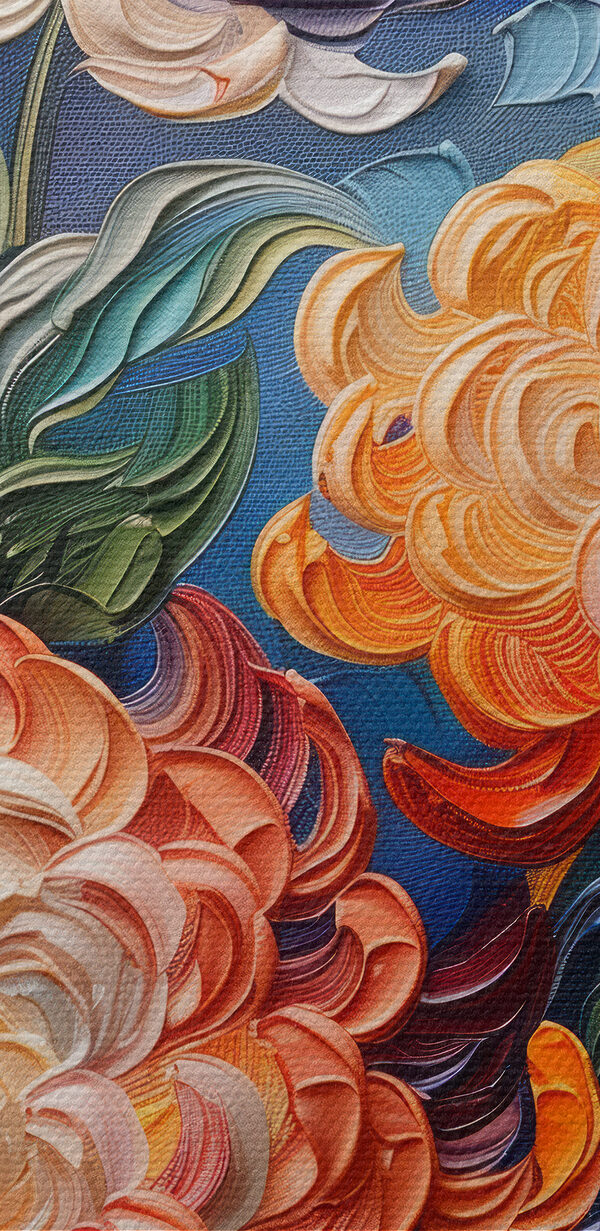 Gemälde mit Blumen auf blauem Hintergrund Gemälde mit Blumen auf blauem Hintergrund