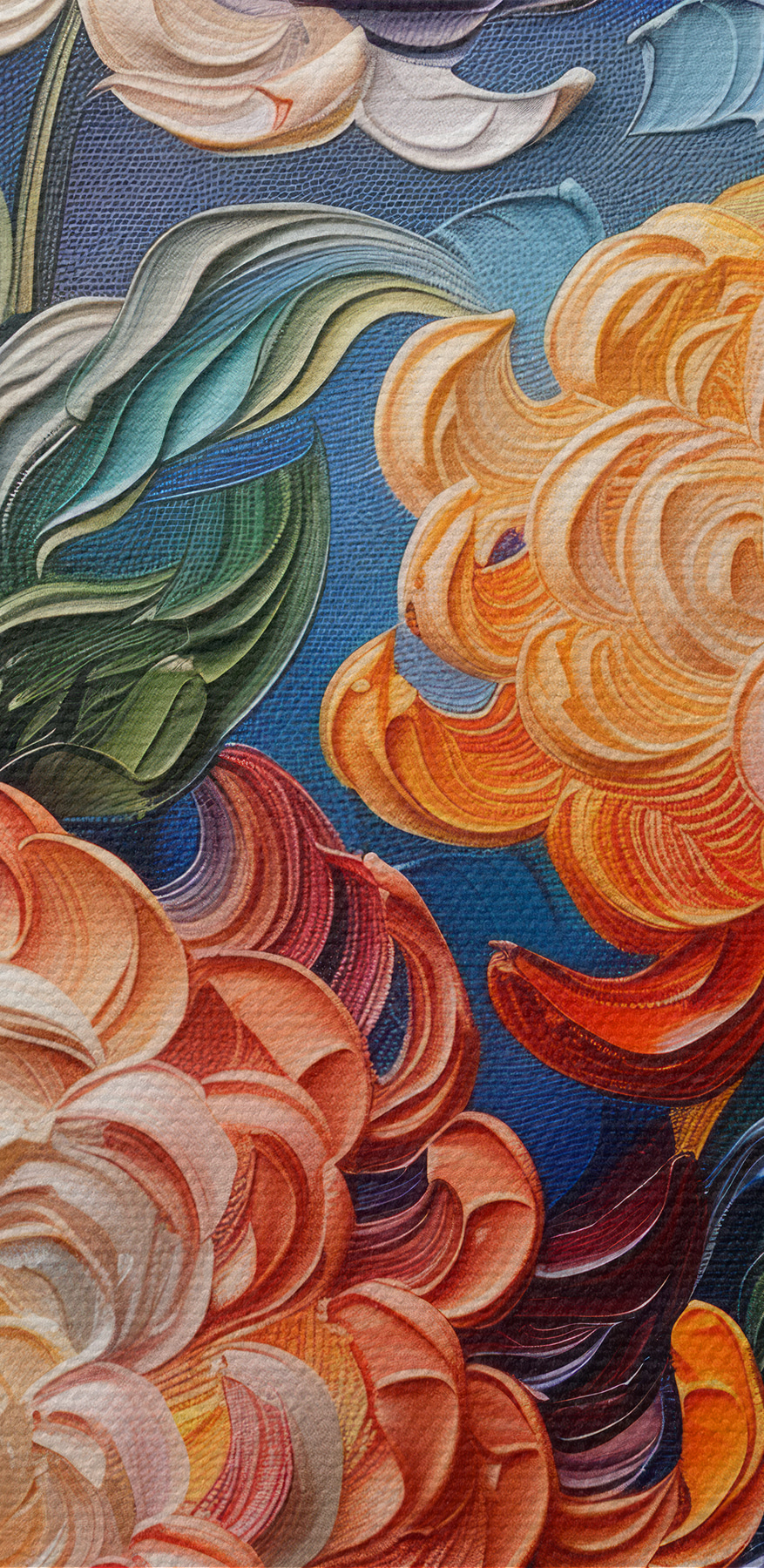 Gemälde mit Blumen auf blauem Hintergrund Gemälde mit Blumen auf blauem Hintergrund
