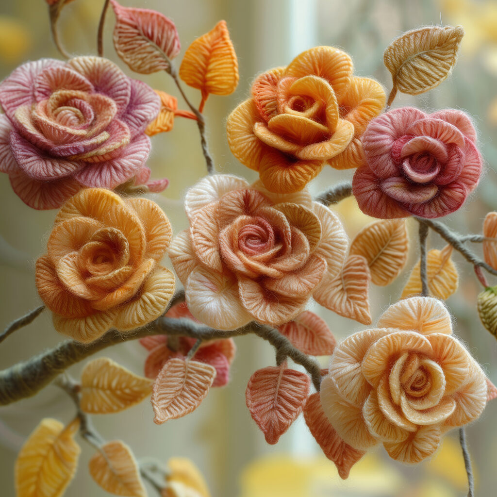 Colorful yarn flowers in bloom Colorful yarn flowers in bloom