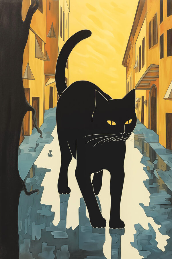 Schwarze Katze läuft eine Straße entlang Schwarze Katze läuft eine Straße entlang