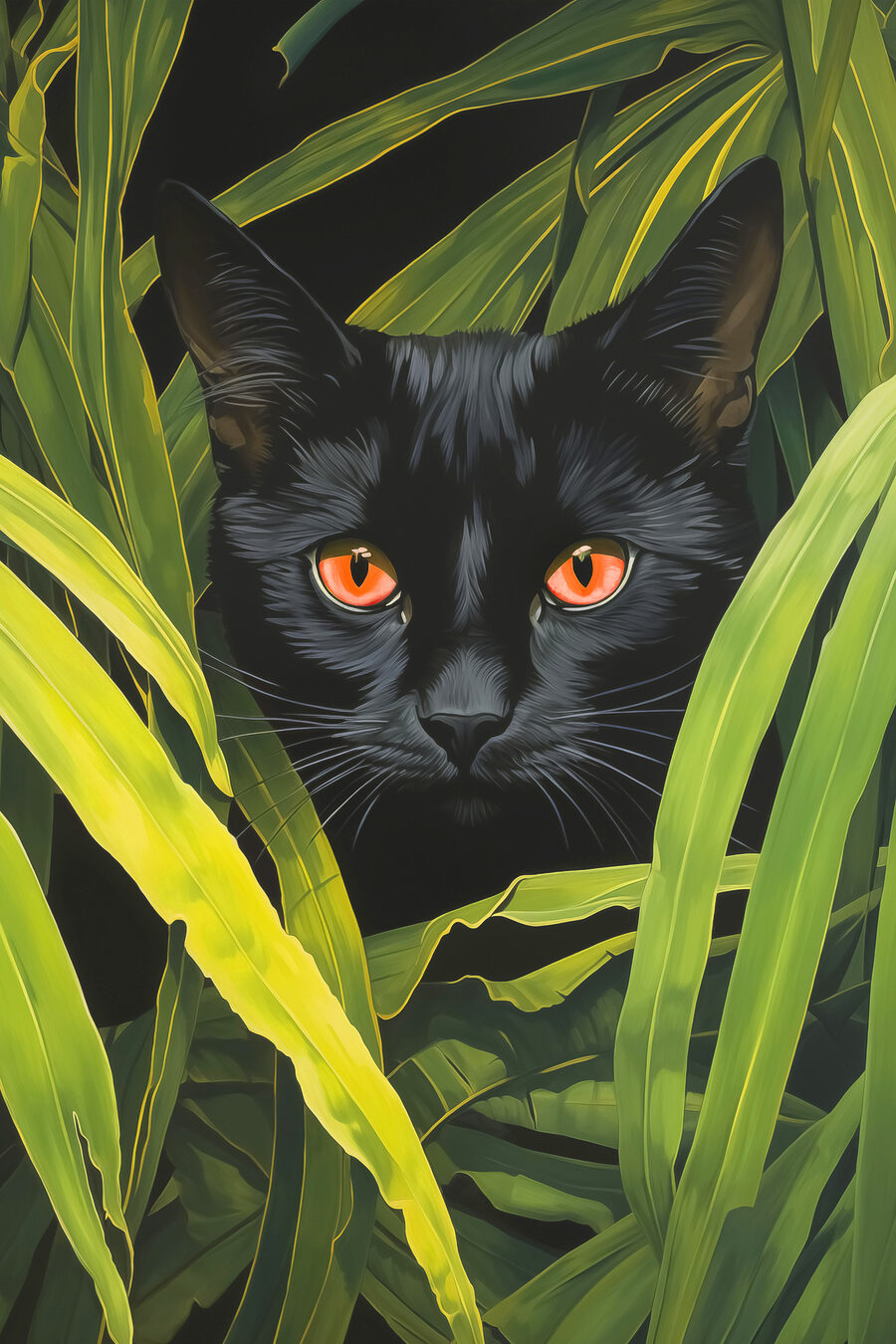 Schwarze Katze mit orangefarbenen Augen, die durch hohe grüne Pflanzen schauen