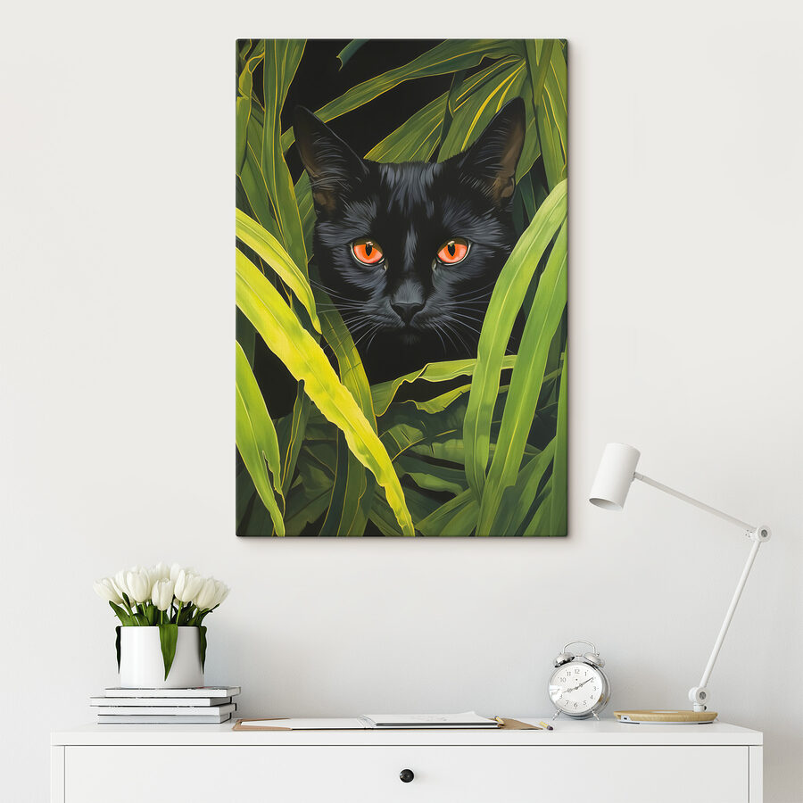 Schwarze Katze mit orangefarbenen Augen, die durch hohe grüne Pflanzen schauen