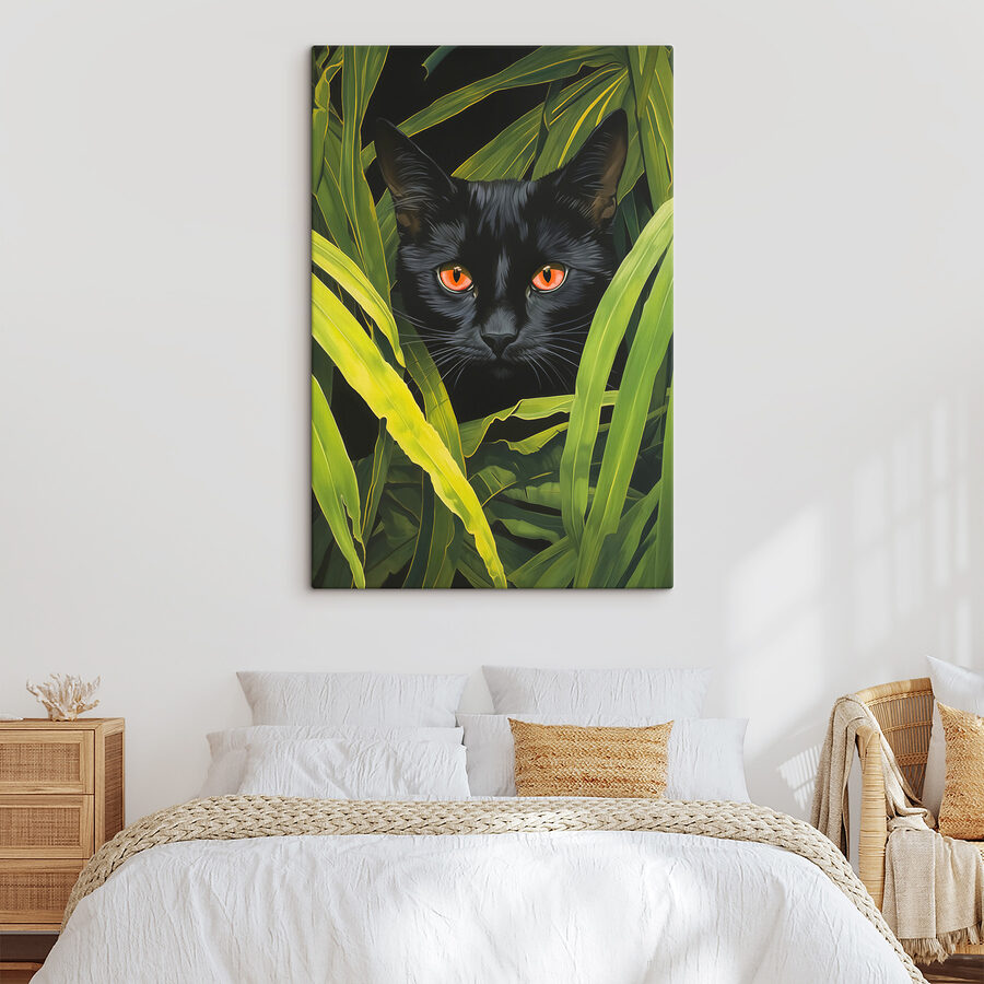 Schwarze Katze mit orangefarbenen Augen, die durch hohe grüne Pflanzen schauen