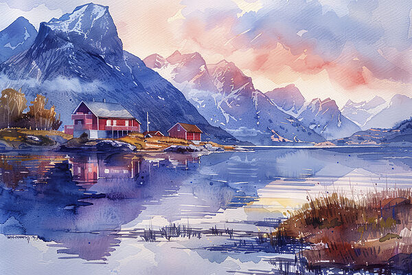 Aquarell eines Hauses auf einem Hügel neben einem See Aquarell eines Hauses auf einem Hügel neben einem See