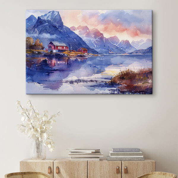 Aquarell eines Hauses auf einem Hügel neben einem See Aquarell eines Hauses auf einem Hügel neben einem See