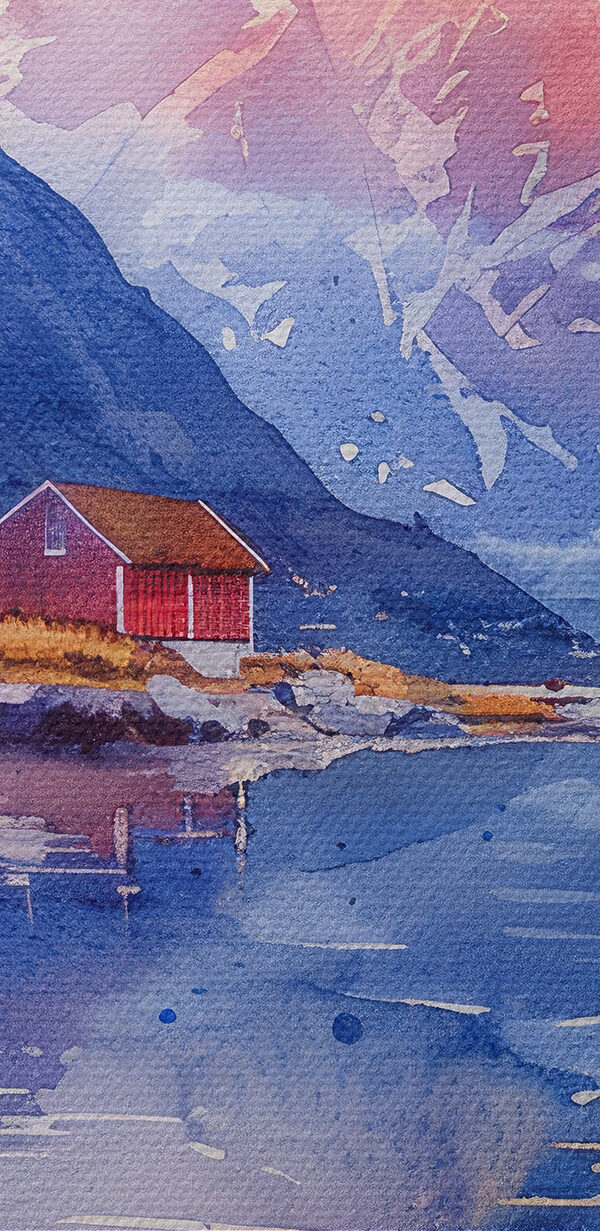 Aquarell eines Hauses auf einem Hügel neben einem See Aquarell eines Hauses auf einem Hügel neben einem See