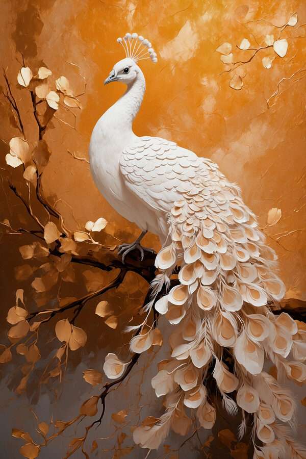Weißer Pfau mit Federn auf einem Zweig Weißer Pfau mit Federn auf einem Zweig