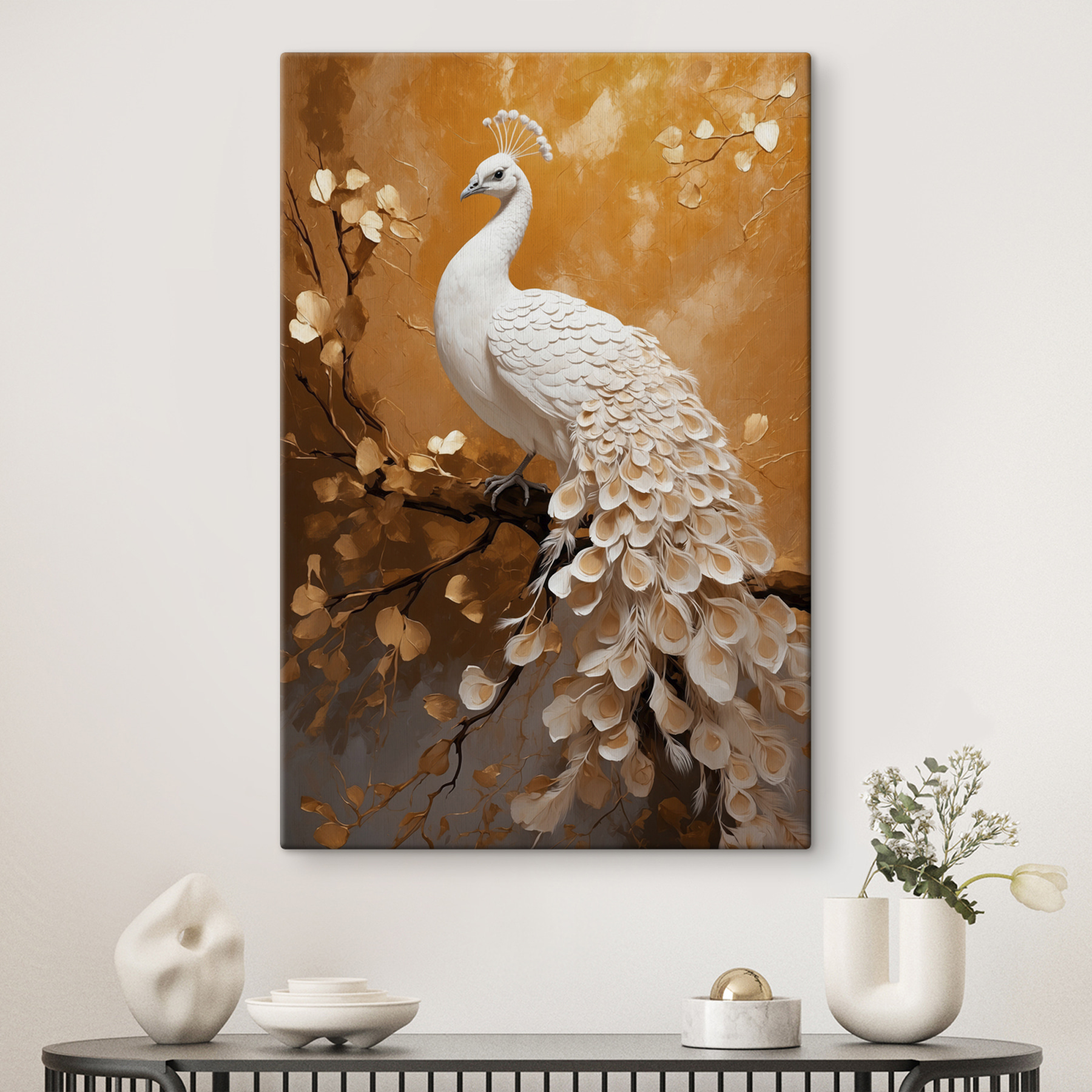 White peacock with feathers on a branch