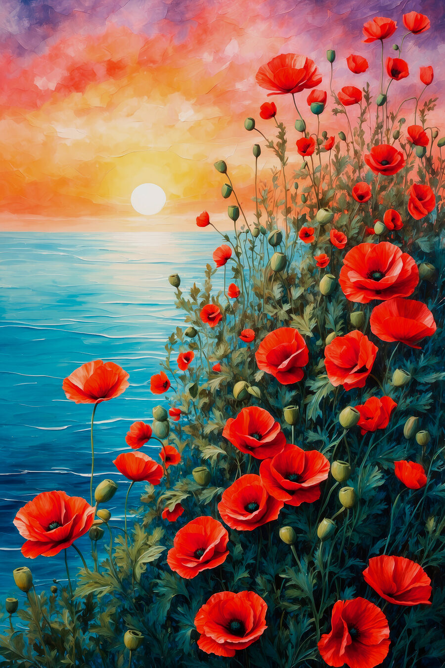 Malerei von roten Blumen und Wasser