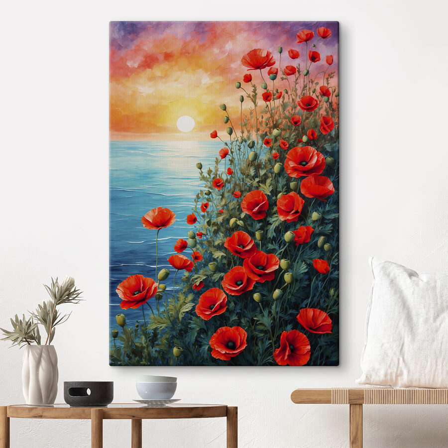 Malerei von roten Blumen und Wasser
