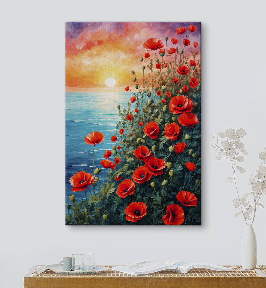 Malerei von roten Blumen und Wasser